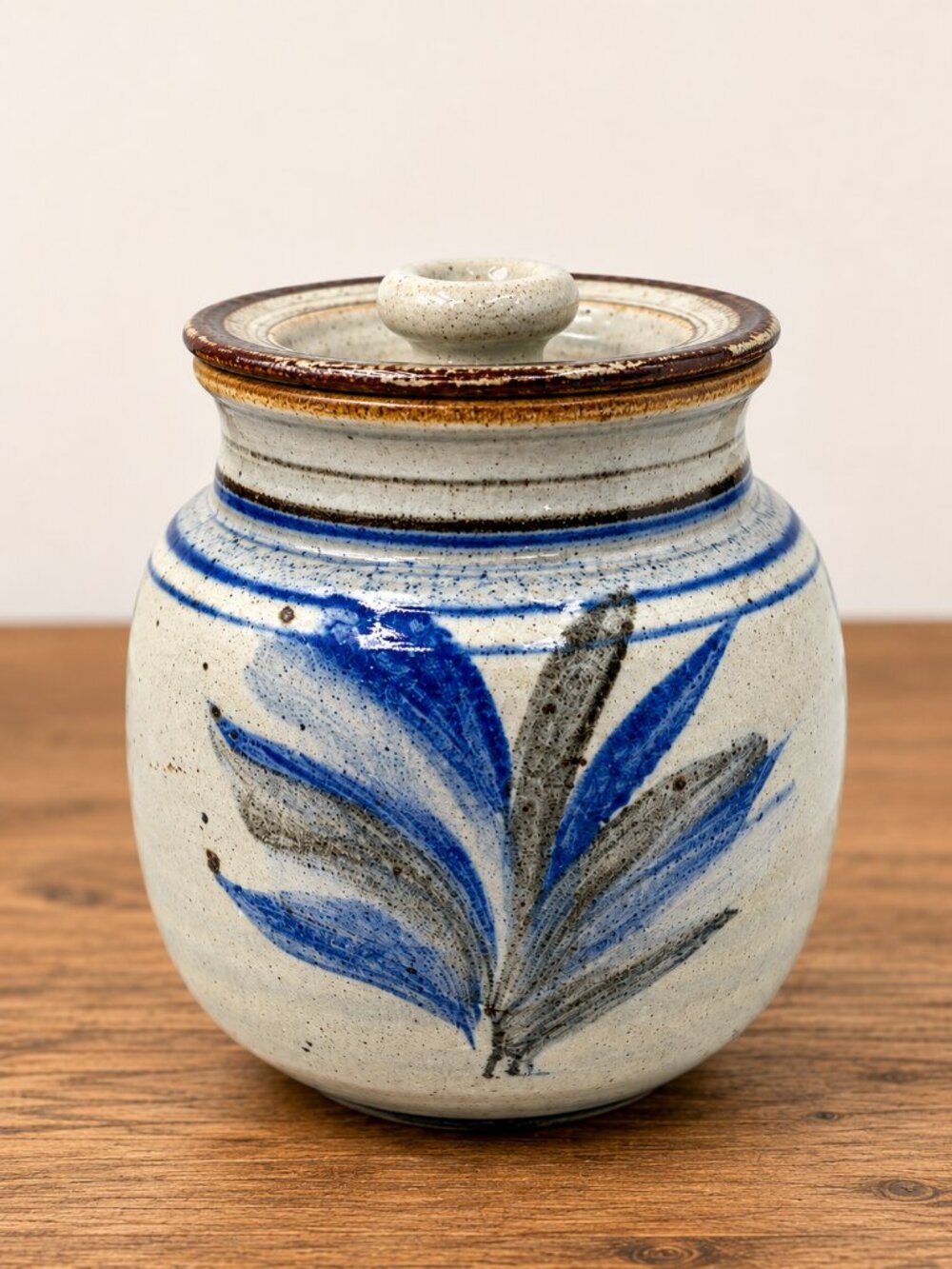 Vintage SIGNED Studio Pottery Blue Floral Lidded Stoneware Jar Canister Handmade